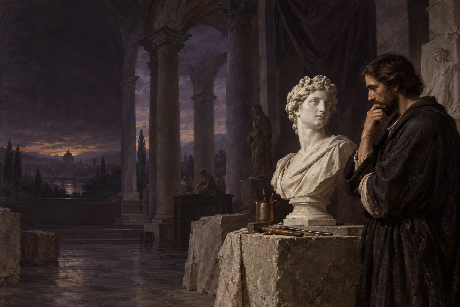 An oil-painted workshop scene with a marble sculpture and sculptor