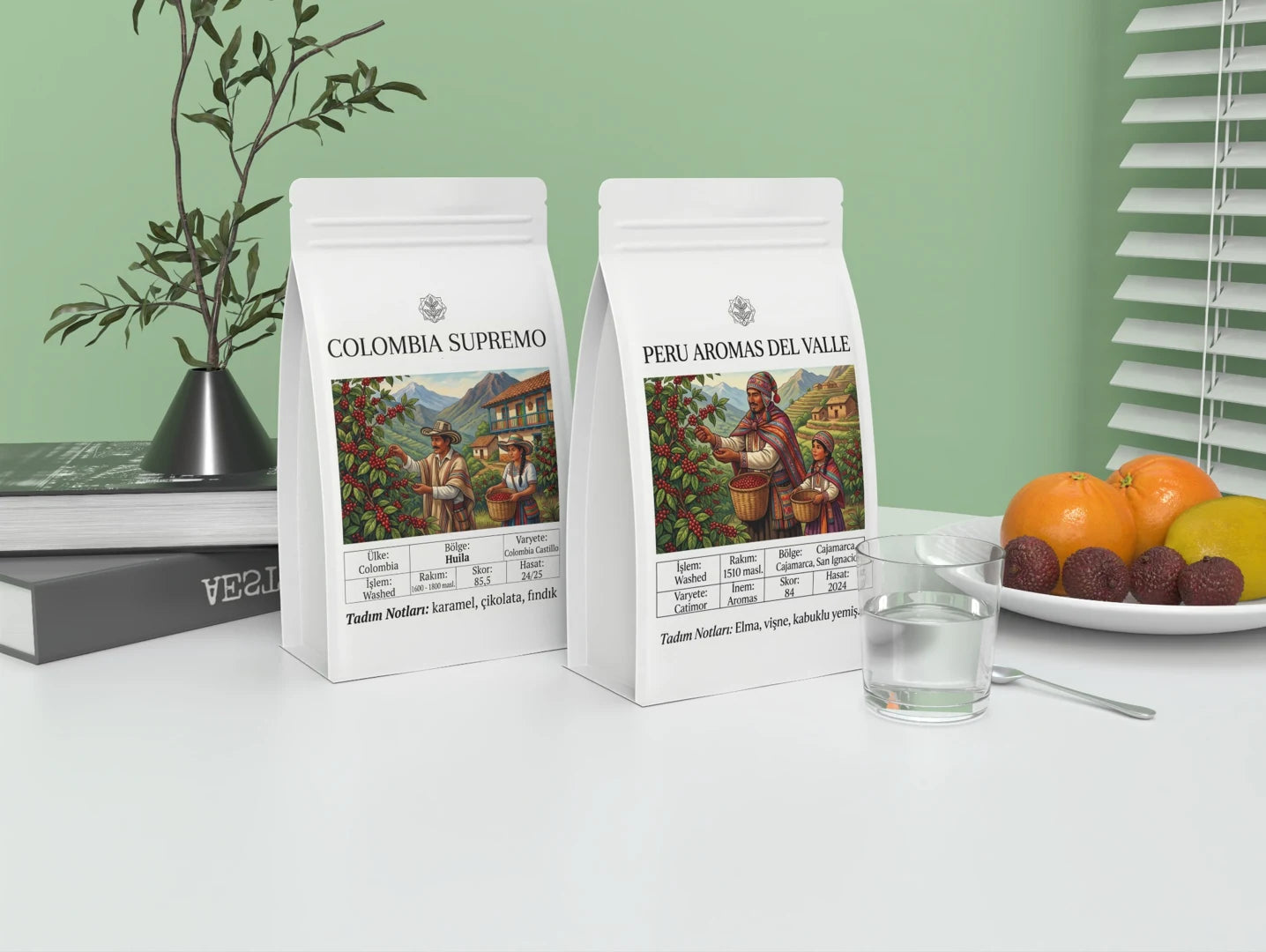 Brand design for Colombia Supremo and Peru Aromas Del Valle coffee packaging