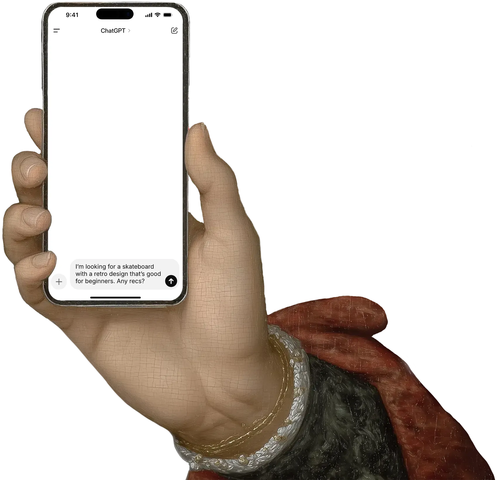 A hand in Renaissance clothing holding a smartphone, illustrating the mobile experience
