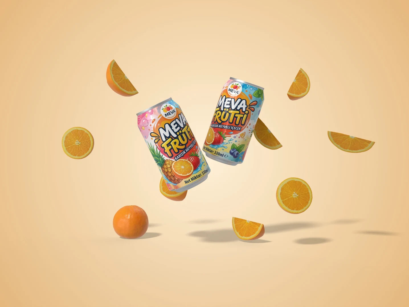 A three-dimensional design presentation of MEVA Frutti drinks